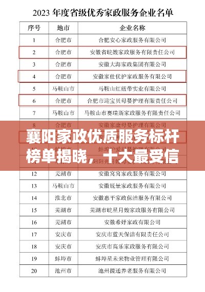 襄阳家政优质服务标杆榜单揭晓，十大最受信赖家政公司排名！